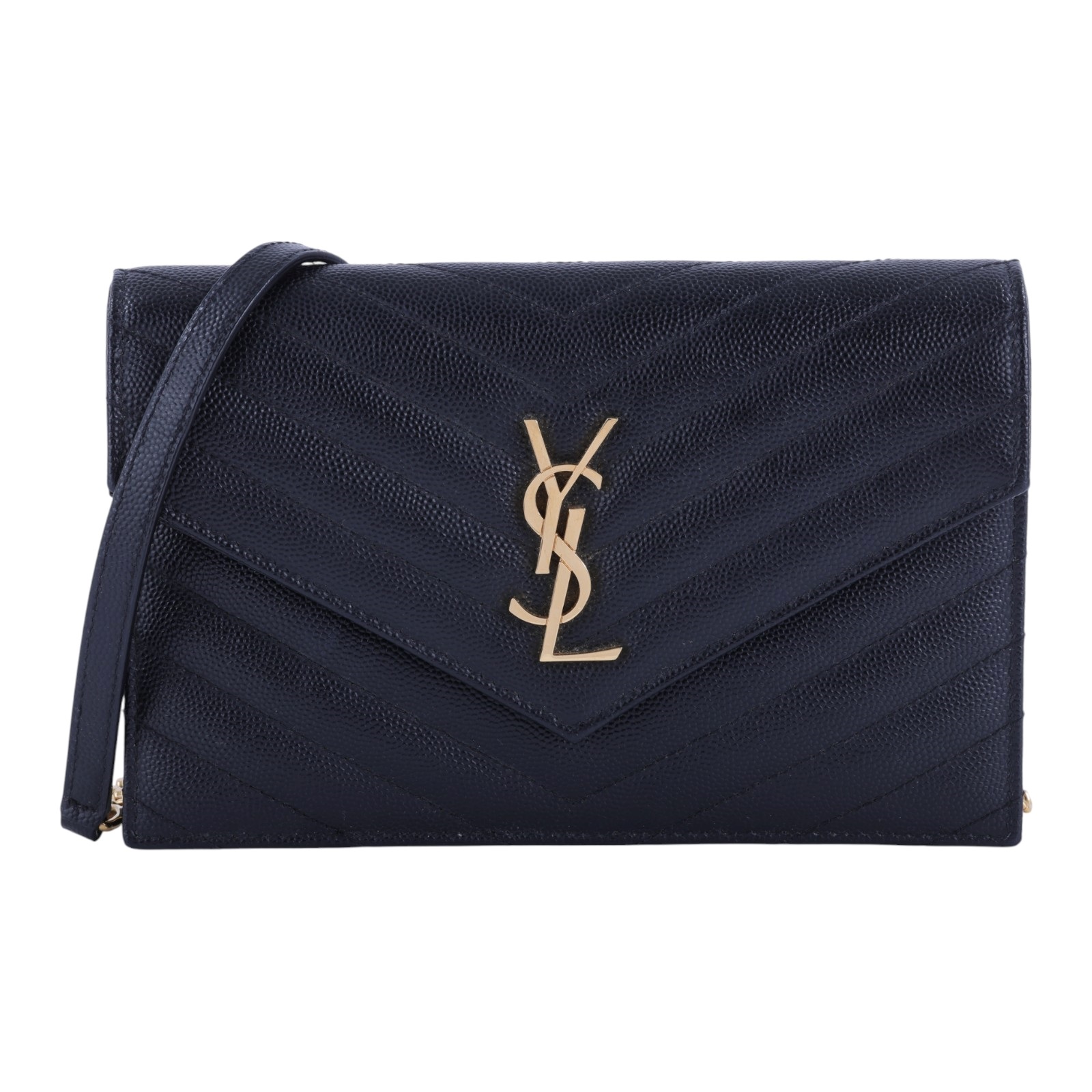 聖羅蘭 YSL SAINT LAURENT 山形紋 鏈袋 信封包 金扣 393953BOW01 黑金魚子醬WOC 原廠盒子/防塵袋