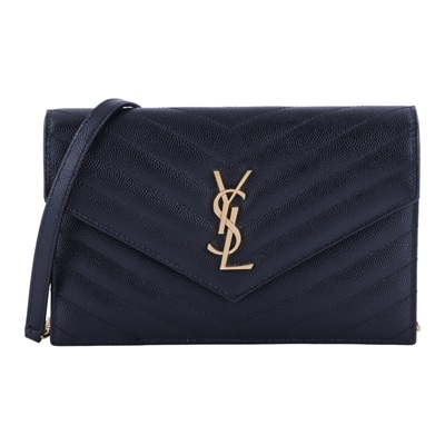 聖羅蘭 YSL SAINT LAURENT 山形紋 鏈袋 信封包 金扣 393953BOW01 黑金魚子醬WOC 原廠盒子/防塵袋