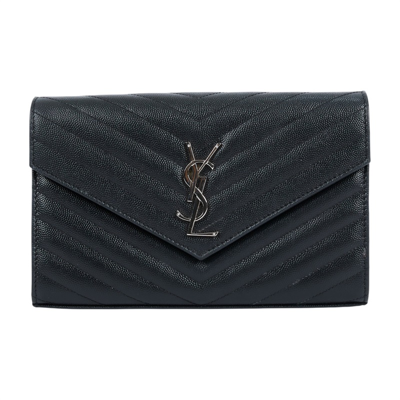 聖羅蘭 YSL SAINT LAURENT Cassandre 經典粒面皮革 鏈條 錢包 銀色五金 377828BOW02 黑銀魚子醬WOC 防塵袋/原廠盒子