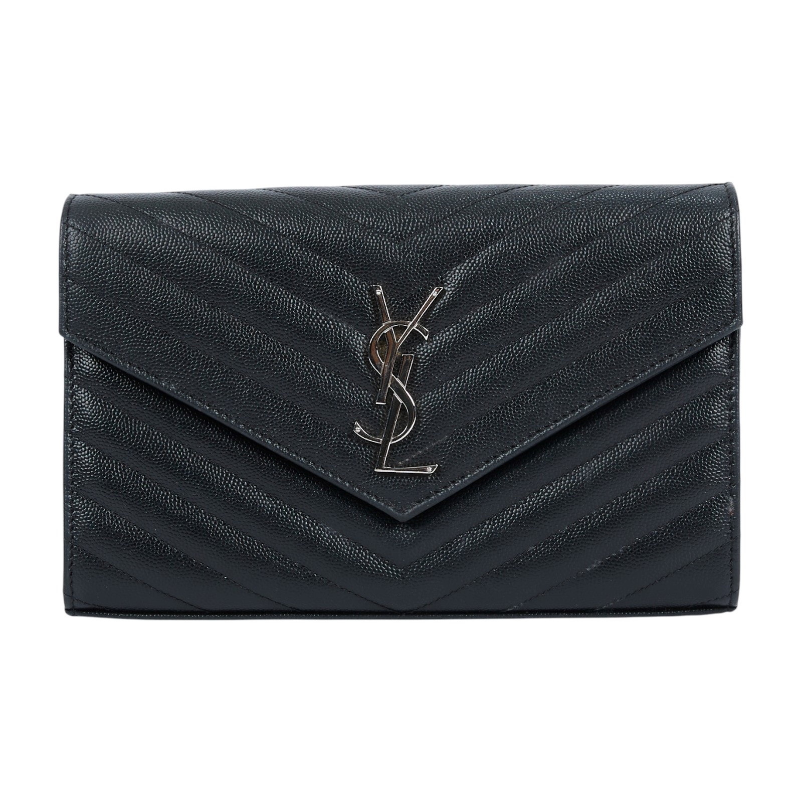 聖羅蘭 YSL SAINT LAURENT Cassandre 經典粒面皮革 鏈條 錢包 銀色五金 377828BOW02 黑銀魚子醬WOC 防塵袋/原廠盒子