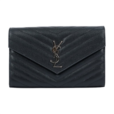 聖羅蘭 YSL SAINT LAURENT Cassandre 經典粒面皮革 鏈條 錢包 銀色五金 377828BOW02 黑銀魚子醬WOC 防塵袋/原廠盒子