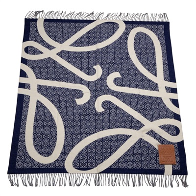 羅意威 LOEWE Anagram 羊毛毛毯 K000230X33 深藍白LOGO流蘇羊毛毯 防塵袋