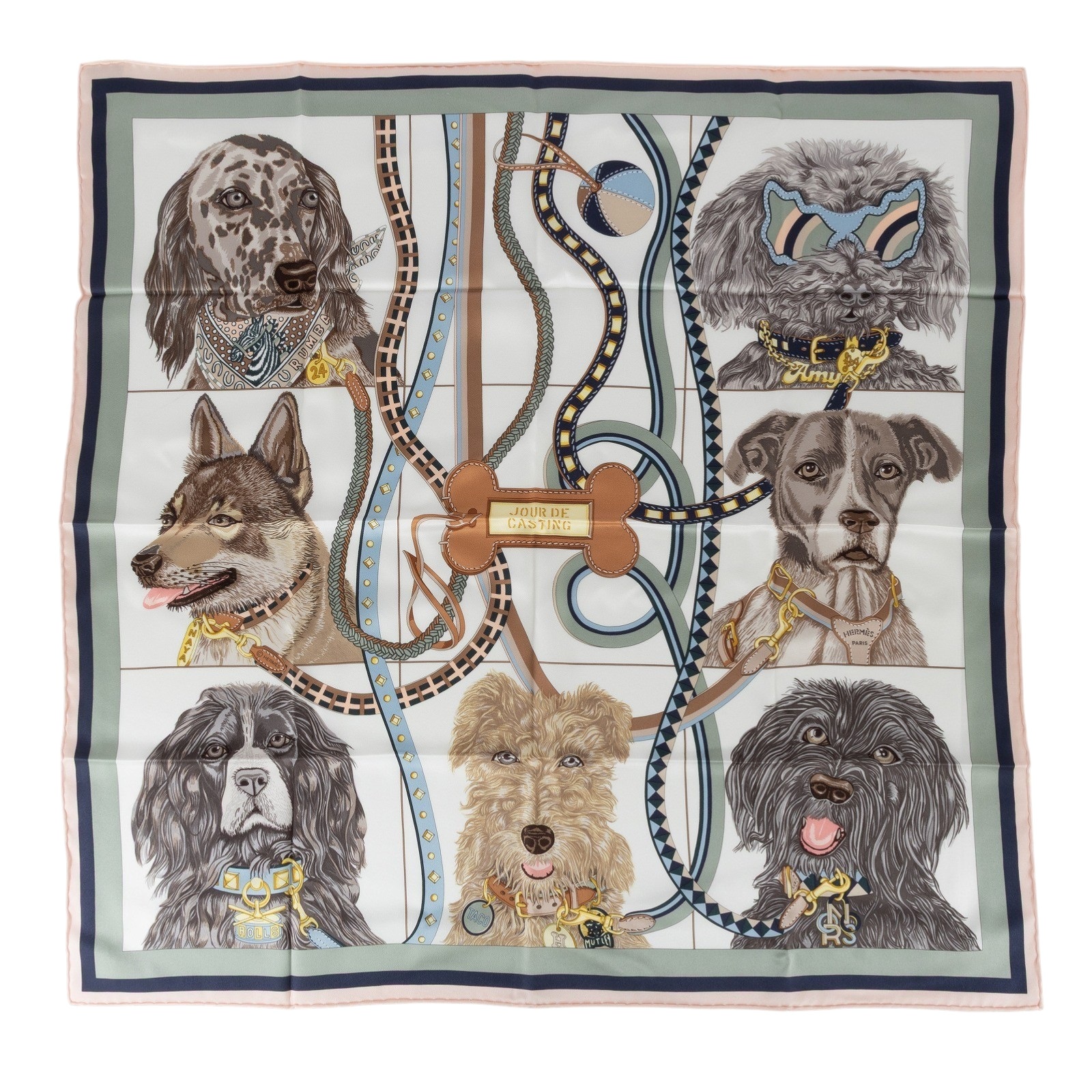 愛馬仕 Hermes Jour de Casting 70 方巾 淺玫瑰色 白色 黏土綠 H984213Sv02  狗狗選角日絲巾65X65 原廠盒子