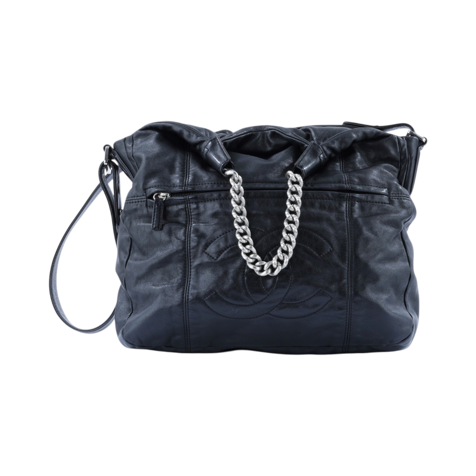 香奈兒 CHANEL 手提 肩背包  13開黑銀羊雙帶肩背包 無附屬品