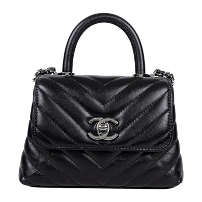 香奈兒 CHANEL Handle 手提 口蓋包 迷你 AP4244 B22135 晶片款 黑銀山型紋coco handle Micro 原廠盒子/防塵袋/購買證明