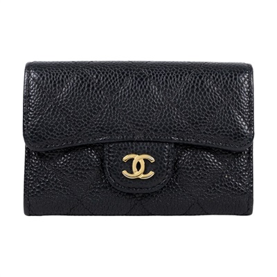 香奈兒 CHANEL CC LOGO 口蓋 卡片夾 錢包 AP0214 28開 黑金荔枝卡包 無附屬品