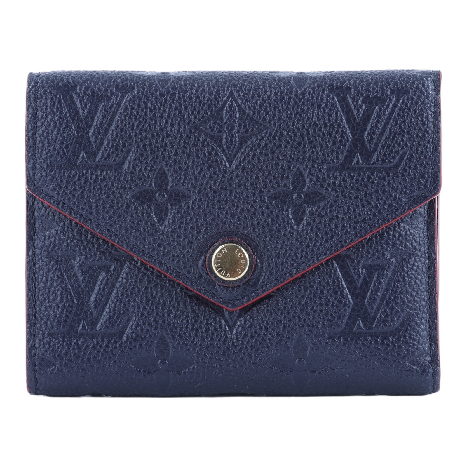 路易威登 LOUIS VUITTON Victorine 壓花皮革 三折暗釦 短夾 海軍藍 紅色 M64577 晶片款  原廠盒子/防塵袋
