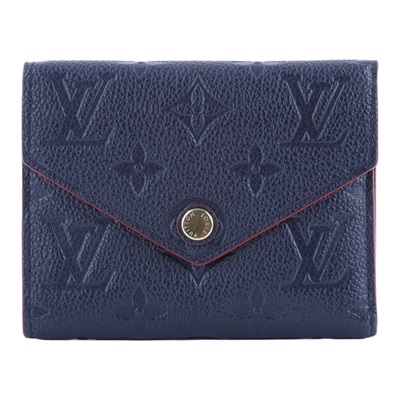 路易威登 LOUIS VUITTON Victorine 壓花皮革 三折暗釦 短夾 海軍藍 紅色 M64577 晶片款  原廠盒子/防塵袋