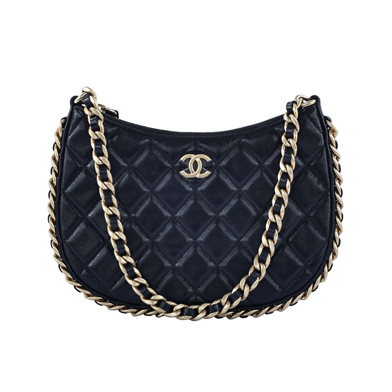 香奈兒 CHANEL cc logo 菱格紋 Hobo 嬉皮鏈條包 AP3486 晶片款 黑金牛HOBO肩背包 無附屬品