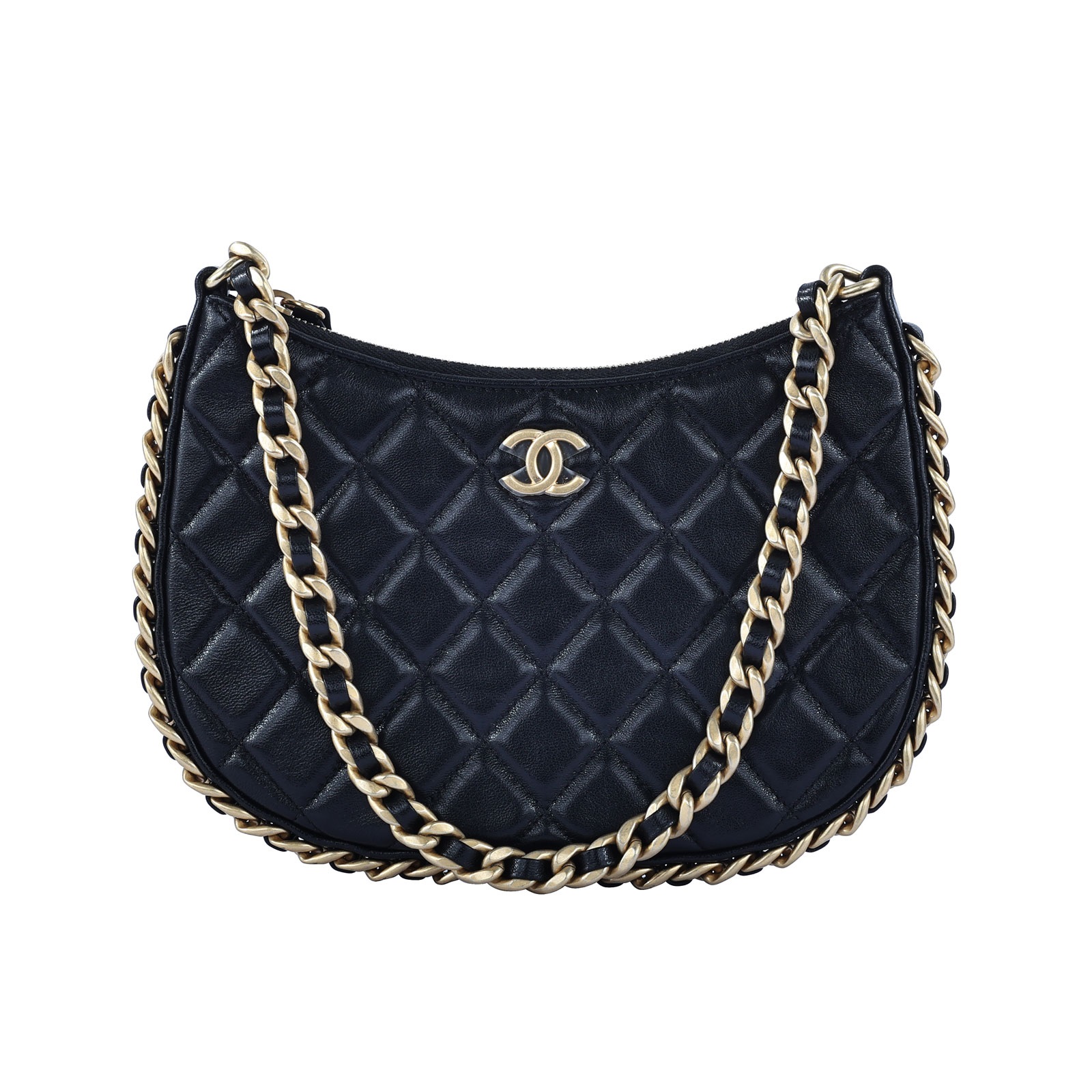 香奈兒 CHANEL cc logo 菱格紋 Hobo 嬉皮鏈條包 AP3486 晶片款 黑金牛HOBO肩背包 無附屬品