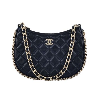香奈兒 CHANEL cc logo 菱格紋 Hobo 嬉皮鏈條包 AP3486 晶片款 黑金牛HOBO肩背包 無附屬品