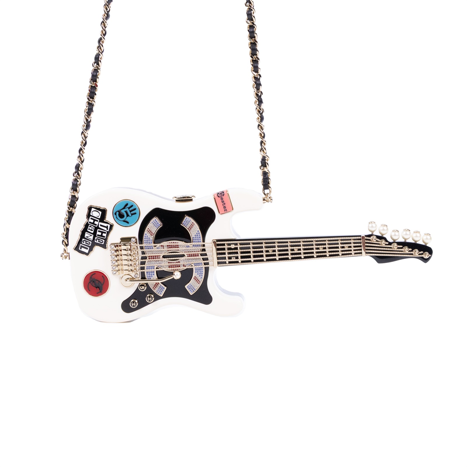 香奈兒 CHANEL 吉他 晚宴包 AS4955 晶片款 23/24A 黑白拼色樹脂吉他包Guitar Minaudiere 原廠盒子/防塵袋