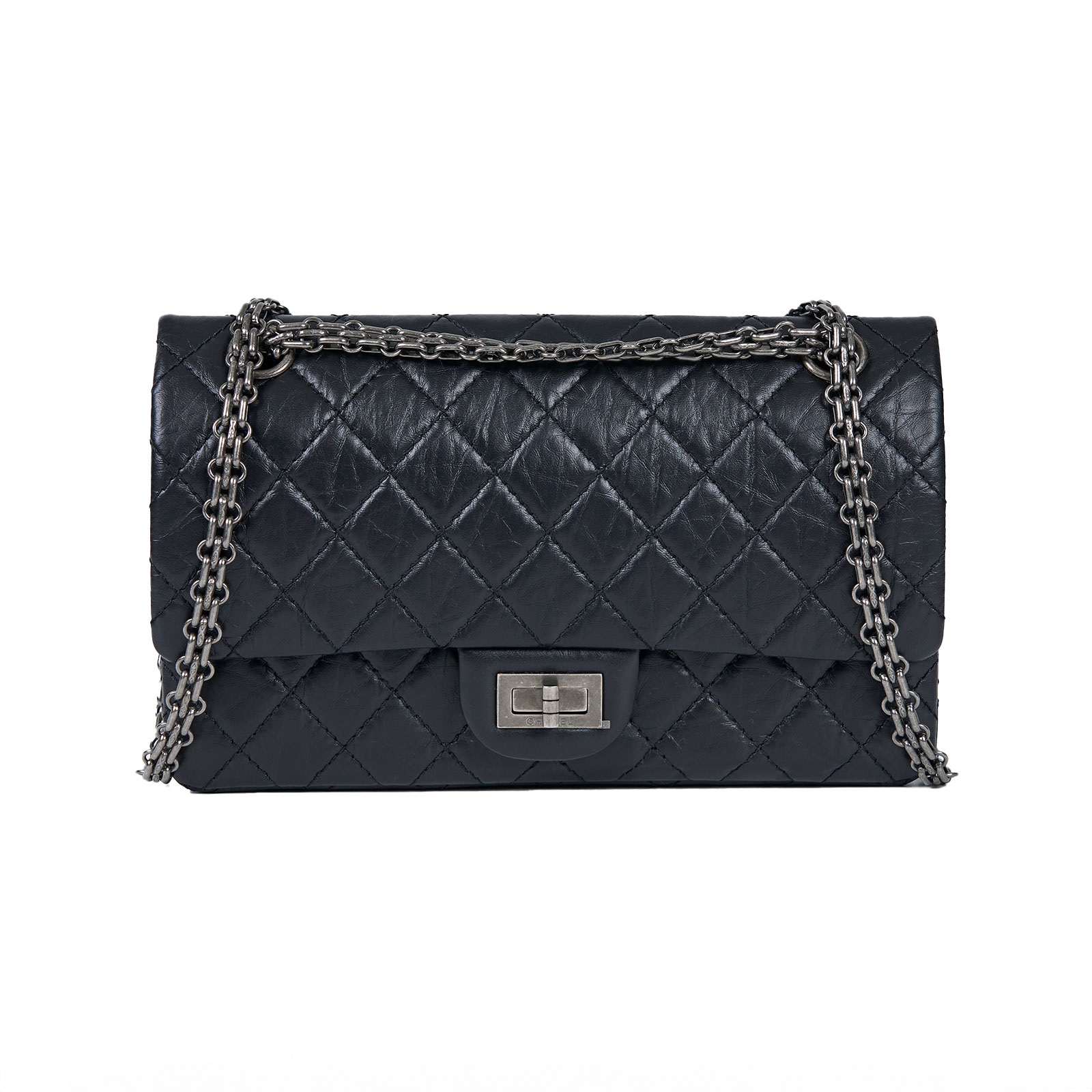 香奈兒 CHANEL 2.55 中號口蓋包 A37586 晶片款 黑銀2.55 24CM 原廠盒子/DUSG BAG/購買證明