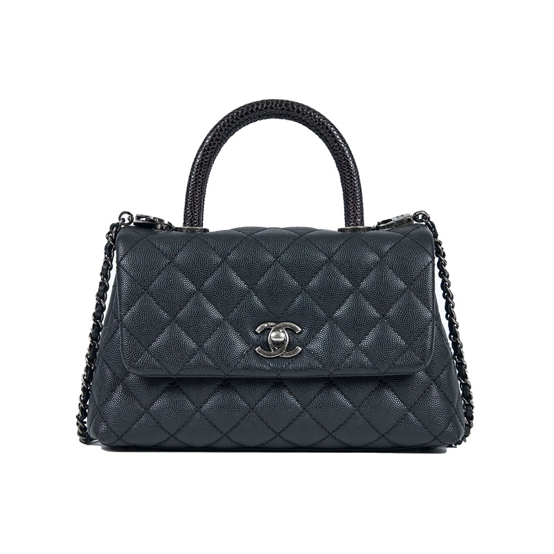 香奈兒 CHANEL Handle 24 手提 口蓋包 A92990 23開黑銀荔枝牛COCO HANDLE23 蜥蜴皮手把 原廠盒子/防塵袋
