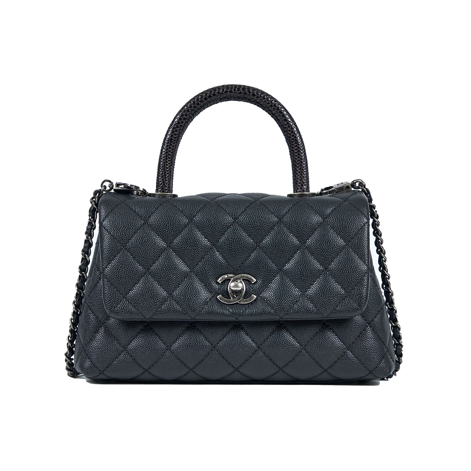 香奈兒 CHANEL Handle 24 手提 口蓋包 A92990 23開黑銀荔枝牛COCO HANDLE23 蜥蜴皮手把 原廠盒子/防塵袋
