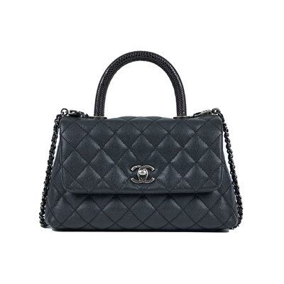 香奈兒 CHANEL Handle 24 手提 口蓋包 A92990 23開黑銀荔枝牛COCO HANDLE23 蜥蜴皮手把 原廠盒子/防塵袋