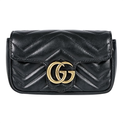 古馳 GUCCI GG Mormont 絎縫 超迷你袋 476433 黑金MARMONT 16.5CM 背帶