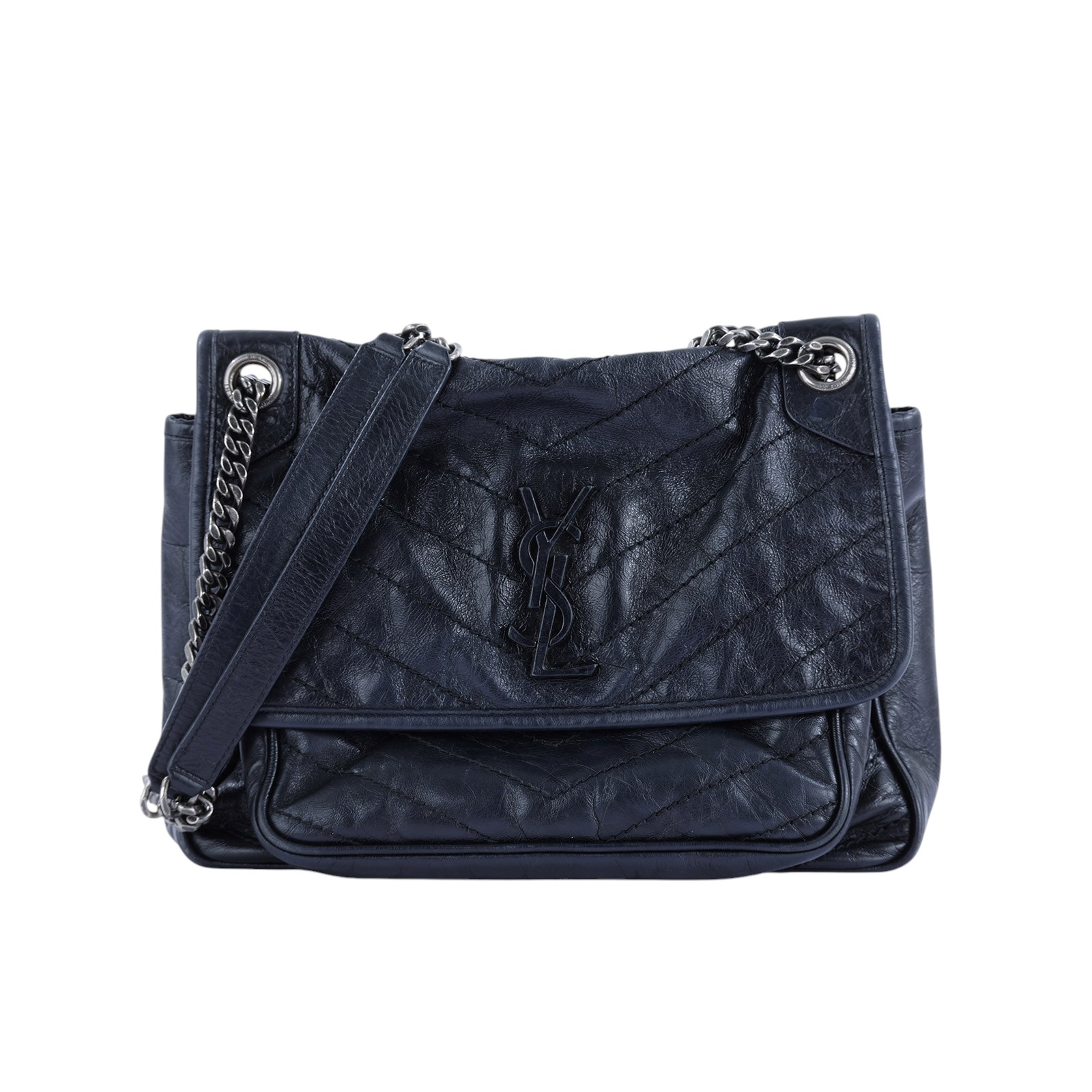 聖羅蘭 YSL SAINT LAURENT NIKI  復古皮革 山型紋 翻蓋 肩背包 中號 4988940EN04 ☆深藍復古銀NIKI中號 無附屬品