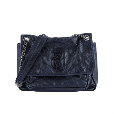 聖羅蘭 YSL SAINT LAURENT NIKI  復古皮革 山型紋 翻蓋 肩背包 中號 4988940EN04 ☆深藍復古銀NIKI中號 無附屬品