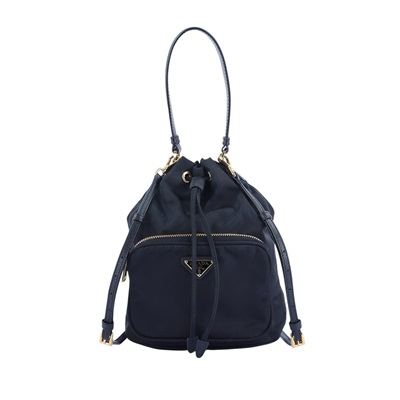 普拉達 PRADA Duet Re-Nylon 水桶袋 1BH038_RV44 黑金尼龍水桶包 防塵袋2/背帶/保證卡