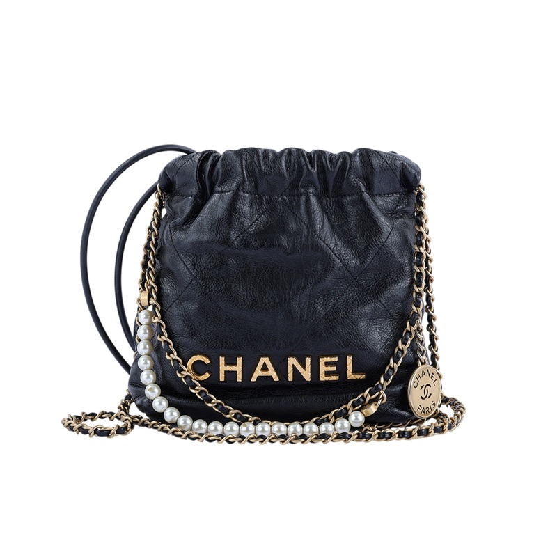 香奈兒 CHANEL 22 迷你 束口包 AS3980 晶片款 黑金牛珍珠荔枝22 MINI BAG 原廠盒子/防塵袋/購買證明影本