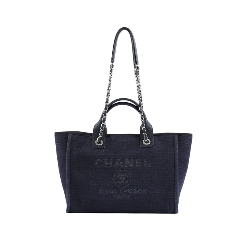 香奈兒 CHANEL 海灘包  晶片款 黑銀Deauvill 沙灘包MM 原廠盒子/內袋