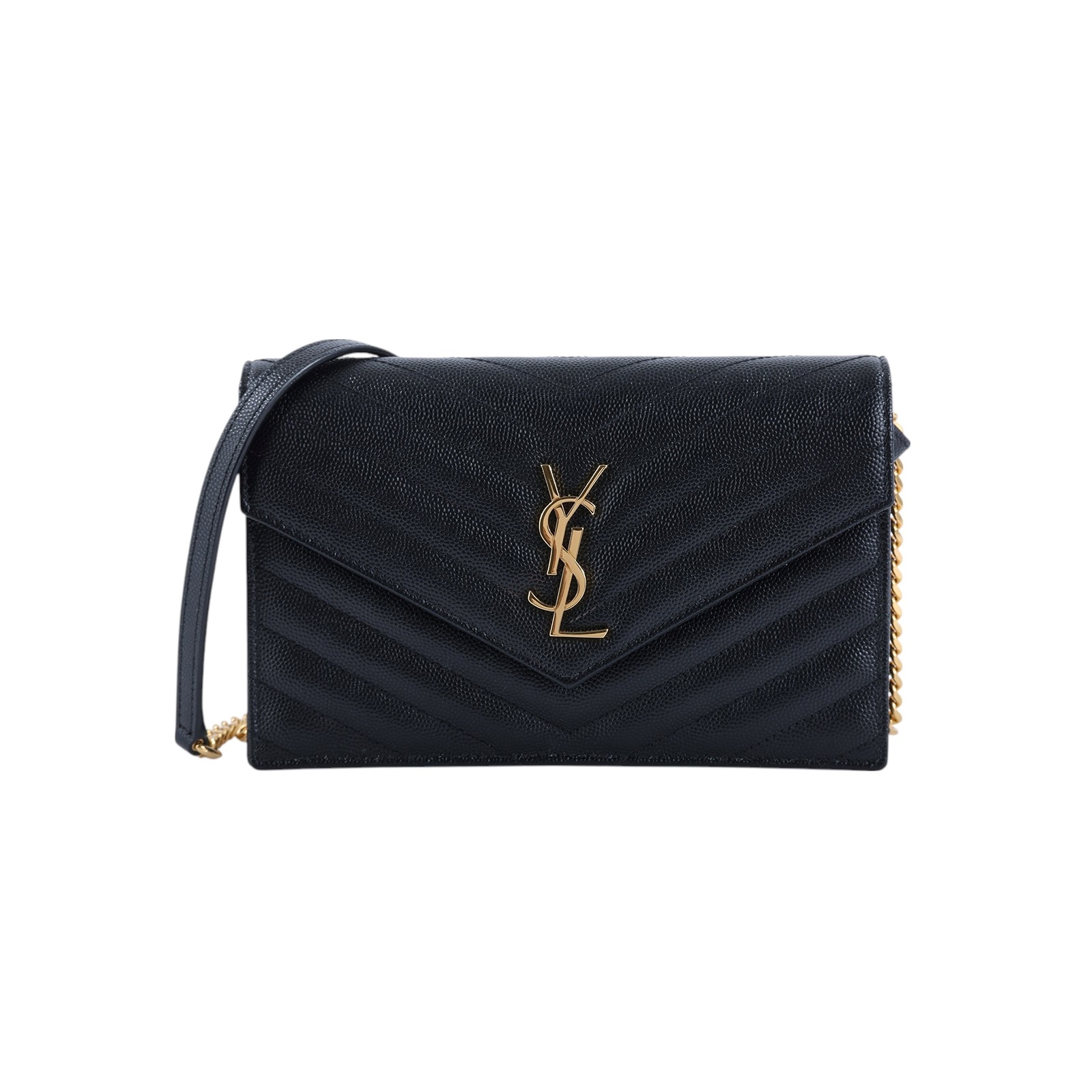 聖羅蘭 YSL SAINT LAURENT Cassandre 信封袋式 鏈條 錢包 742920BOW01 黑金魚子醬WOC 背帶