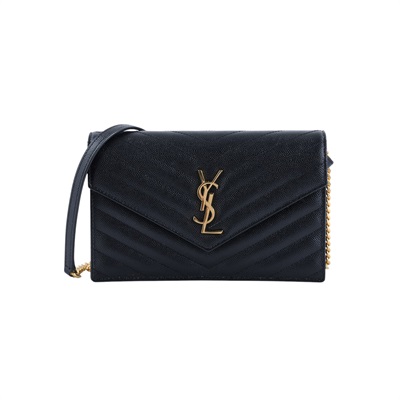 聖羅蘭 YSL SAINT LAURENT Cassandre 信封袋式 鏈條 錢包 742920BOW01 黑金魚子醬WOC 背帶