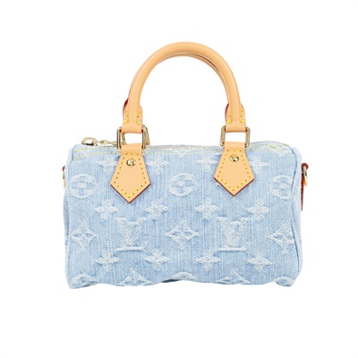 路易威登 LOUIS VUITTON Nano Speedy 手提 肩背包 丹寧 M11212 晶片款  原廠盒子/防塵袋/背帶/購買證明