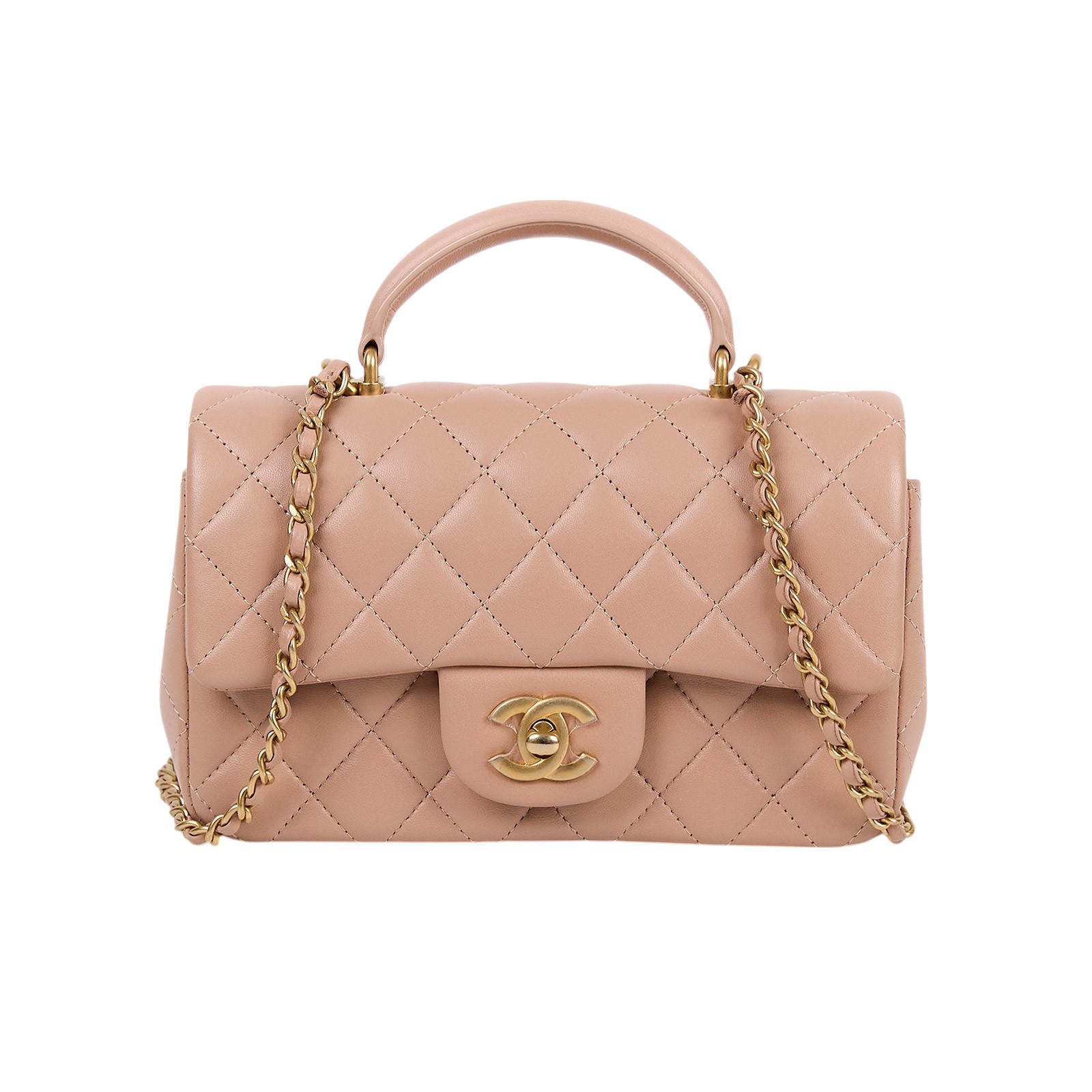 香奈兒 CHANEL Coco 20  肩背 斜背 迷你 口蓋包 AS2431 晶片款 奶茶金釦羊COCO HANDLE 原廠盒子/購買證明影本