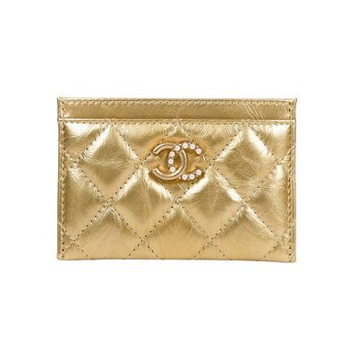 香奈兒 CHANEL CC LOGO 經典卡片夾 金色  金牛珍珠雙C卡夾套 原廠盒子/防塵袋/保證卡
