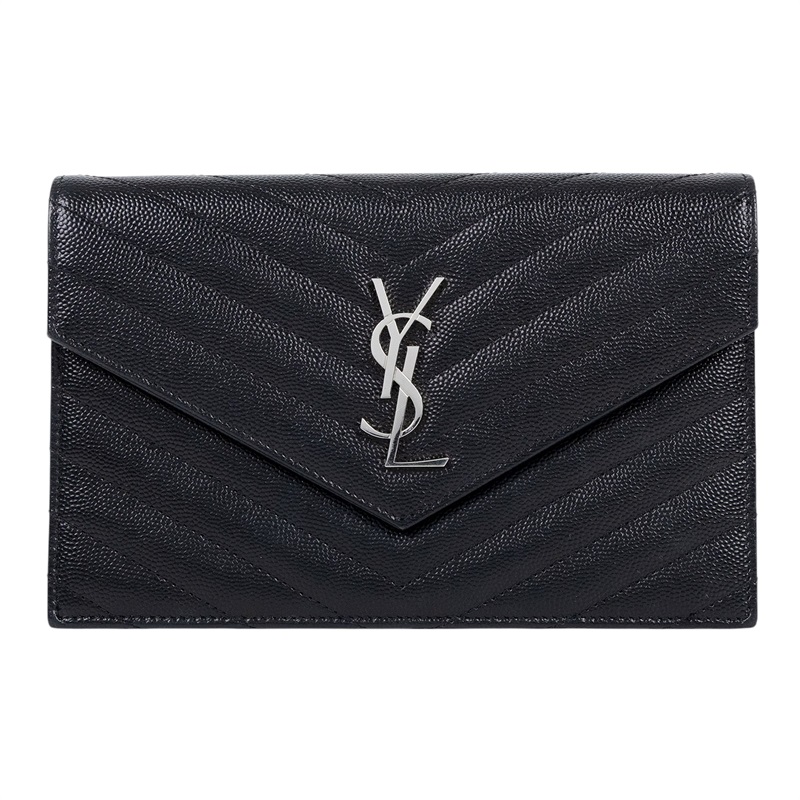 聖羅蘭 YSL SAINT LAURENT 山形紋 鏈袋 信封包  銀扣 393953BOW02 黑銀魚子醬信封WOC 原廠盒子/防塵袋/背帶/購買證明