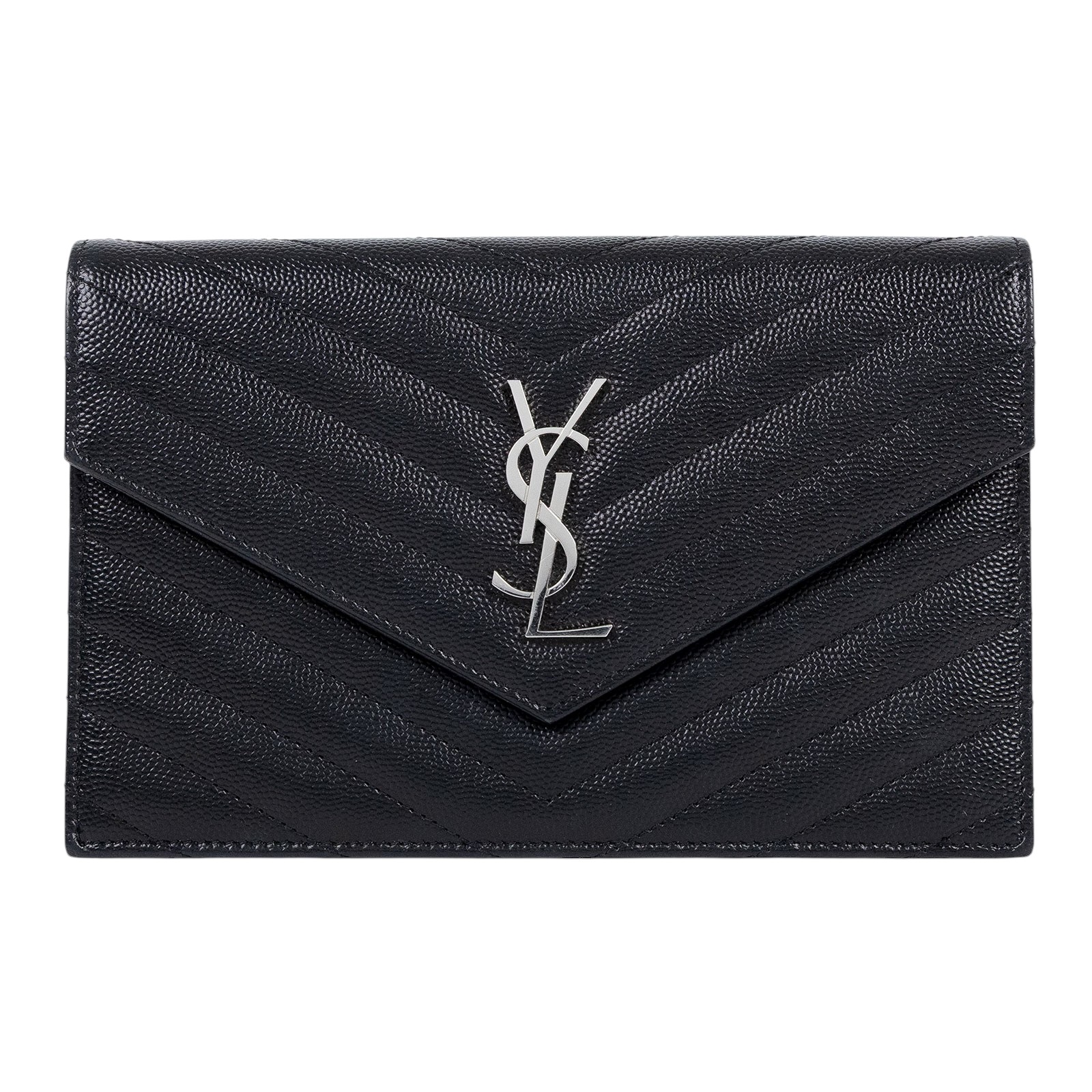 聖羅蘭 YSL SAINT LAURENT 山形紋 鏈袋 信封包  銀扣 393953BOW02 黑銀魚子醬信封WOC 原廠盒子/防塵袋/背帶/購買證明