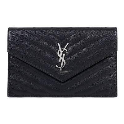 聖羅蘭 YSL SAINT LAURENT 山形紋 鏈袋 信封包  銀扣 393953BOW02 黑銀魚子醬信封WOC 原廠盒子/防塵袋/背帶/購買證明