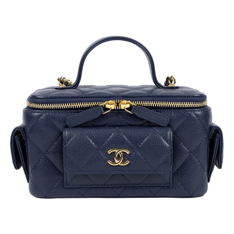 香奈兒 CHANEL Vanity Case 化妝箱 AP3017 晶片款 藍金荔枝牛多口袋VANITY 無附屬品