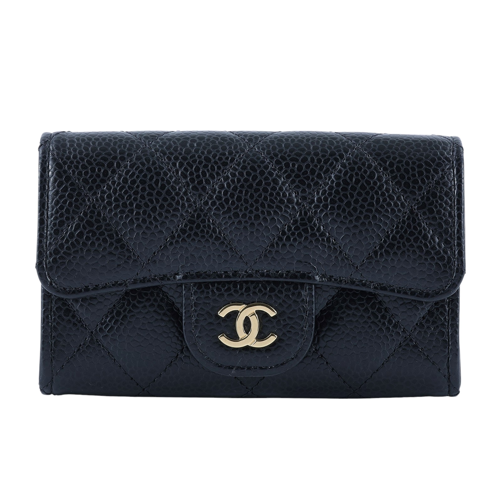 香奈兒 CHANEL 經典口蓋卡片夾 AP0214 黑金荔枝單層卡包 原廠盒子/防塵袋