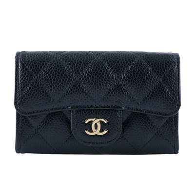 香奈兒 CHANEL 經典口蓋卡片夾 AP0214 黑金荔枝單層卡包 原廠盒子/防塵袋