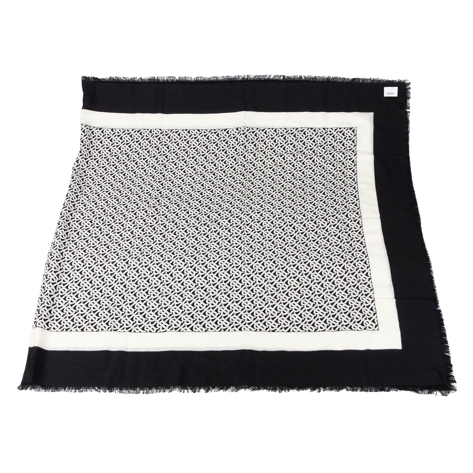博柏利 BURBERRY TB Monogram Scarf 方巾 8011871 黑白流蘇滿版披肩 195X95 原廠盒子