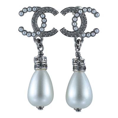 香奈兒 CHANEL 耳釘 B24S 銀色水鑽珍珠垂墜耳環 原廠盒子/防塵袋