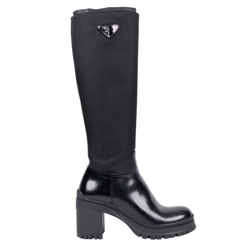 普拉達 PRADA 尼龍長靴 1W011N_3LFU_37 黑亮面皮革拼尼龍靴#37 原廠盒子/防塵袋3