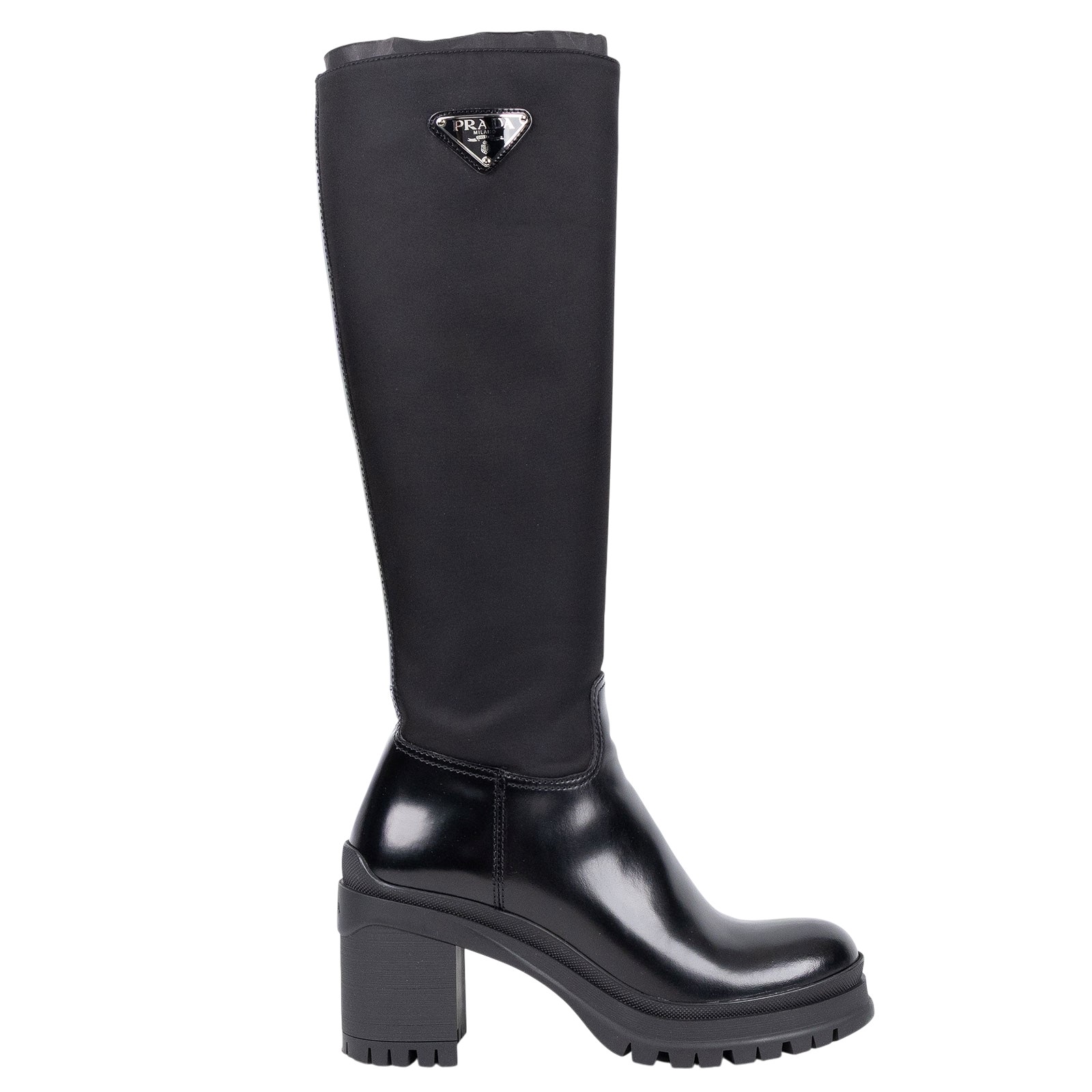 普拉達 PRADA 尼龍長靴 1W011N_3LFU_37 黑亮面皮革拼尼龍靴#37 原廠盒子/防塵袋3
