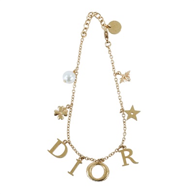 迪奧 CHRISTIAN DIOR Evolution 手鍊 金色  金LOGO水鑽珍珠手鍊 原廠盒子/防塵袋