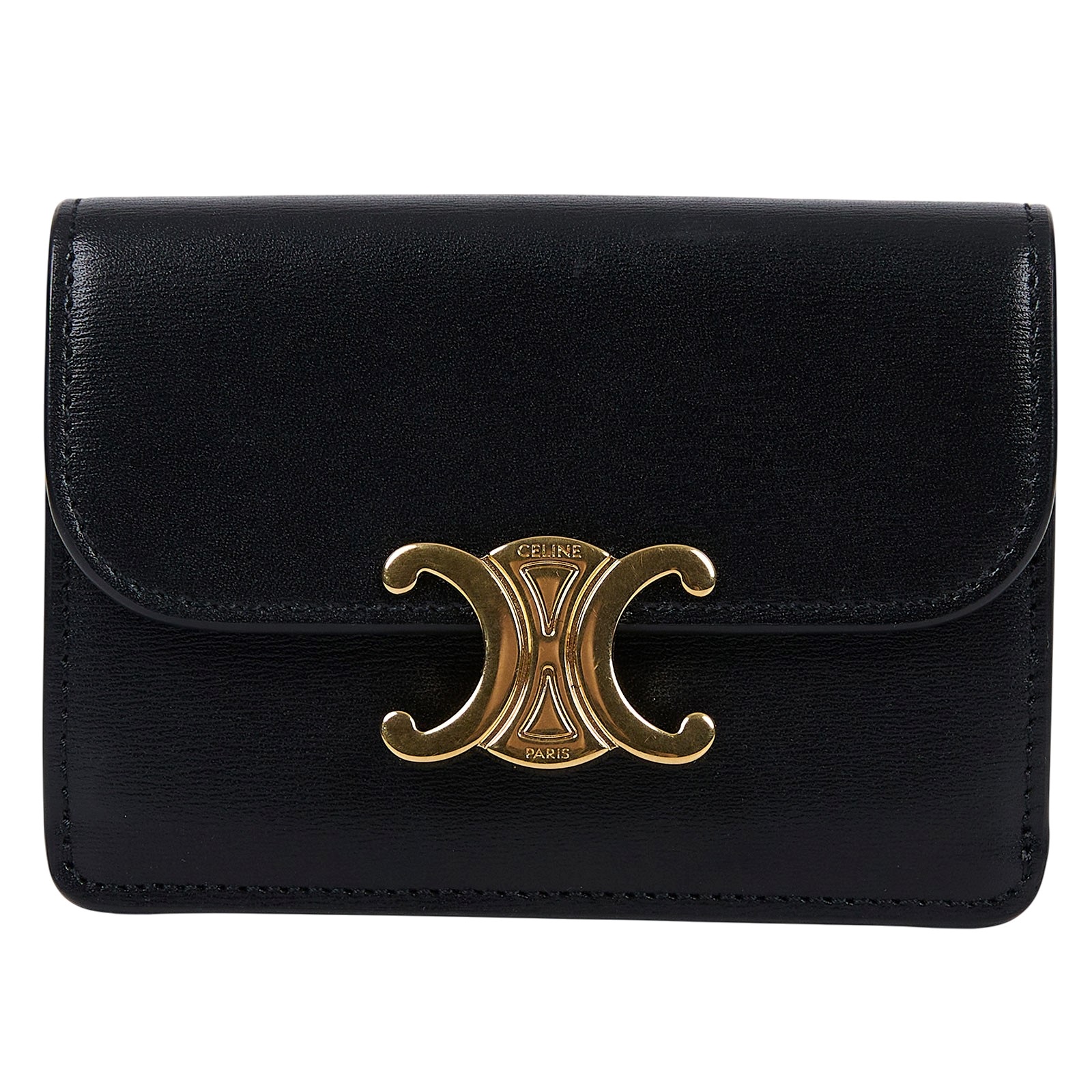 思琳 CELINE Triomphe 翻蓋卡包 10I583DPV 黑金凱旋卡夾 原廠盒子/防塵袋
