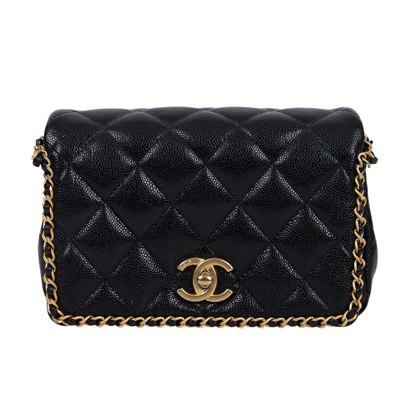 香奈兒 CHANEL 金幣  斜背 肩背口蓋包 AS3467 晶片款 黑金荔枝牛皮穿鍊鑲邊肩背包 原廠盒子/防塵袋