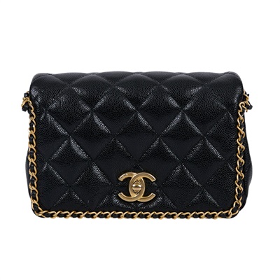 香奈兒 CHANEL 金幣  斜背 肩背口蓋包 AS3467 晶片款 黑金荔枝牛皮穿鍊鑲邊肩背包 原廠盒子/防塵袋