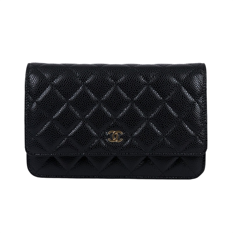 香奈兒 CHANEL 經典鏈子皮夾 菱格紋 CC LOGO AP0250 黑金荔枝牛WOC 原廠盒子/防塵袋