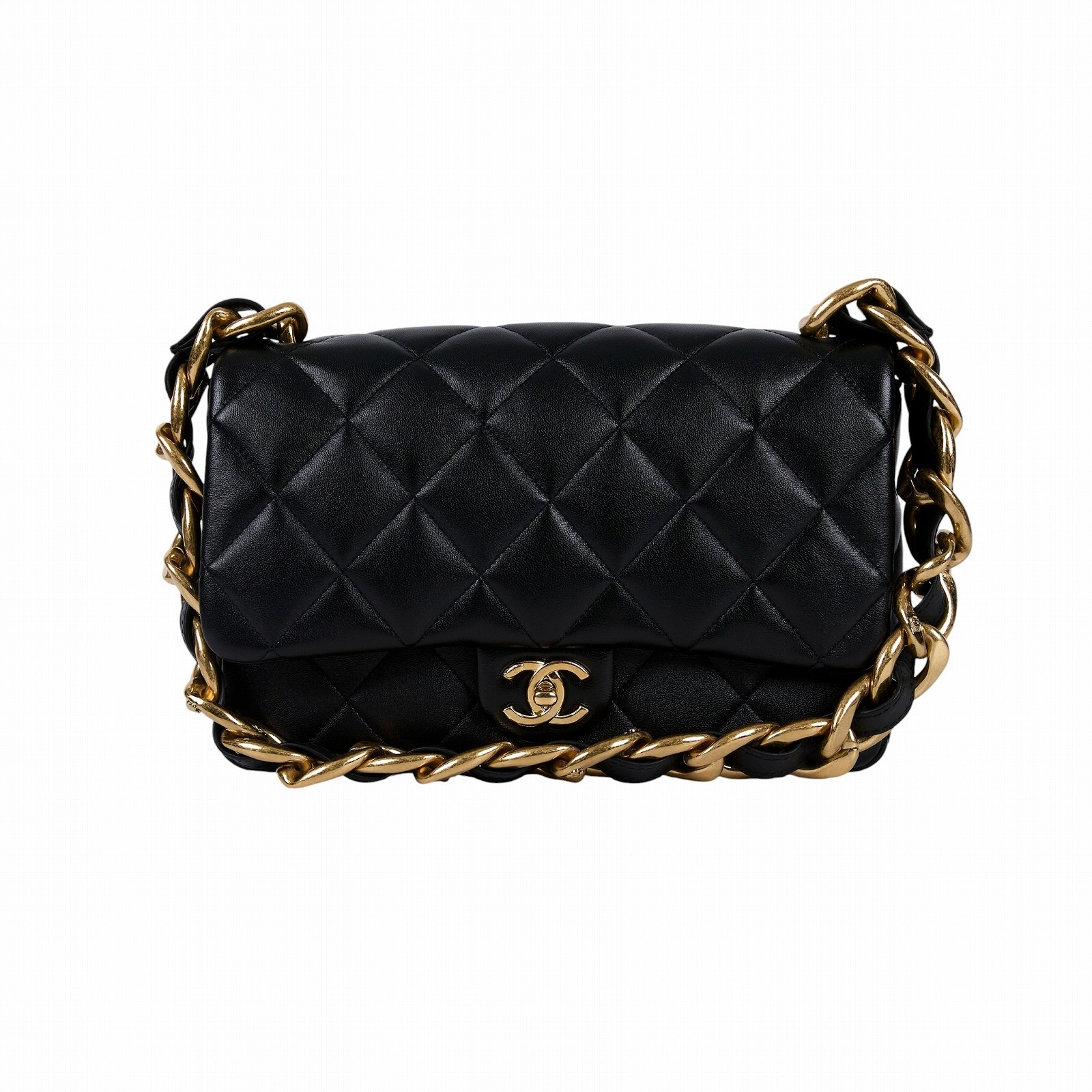 香奈兒 CHANEL 丹寧 粗鍊條 肩背 口蓋包 AS3216 黑金羊粗鍊肩背包 原廠盒子/防塵袋