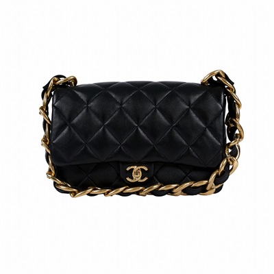 香奈兒 CHANEL 丹寧 粗鍊條 肩背 口蓋包 AS3216 黑金羊粗鍊肩背包 原廠盒子/防塵袋