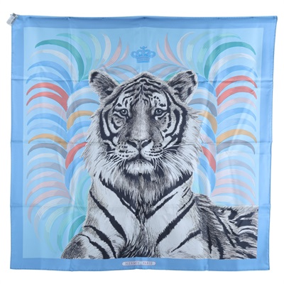 愛馬仕 Hermes Les Folies du Faubourg 90方巾 艷黃色 紅色 栗棕色 H004147Sv08  藍底黑老虎絲巾90x90 原廠盒子