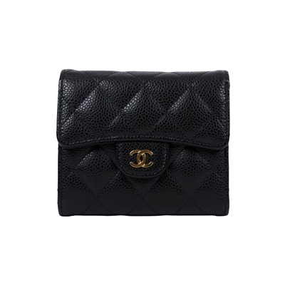 香奈兒 CHANEL 經典 小型 口蓋 皮夾 短夾  AP0231 晶片款 黑金荔枝三折短夾 原廠盒子/防塵袋